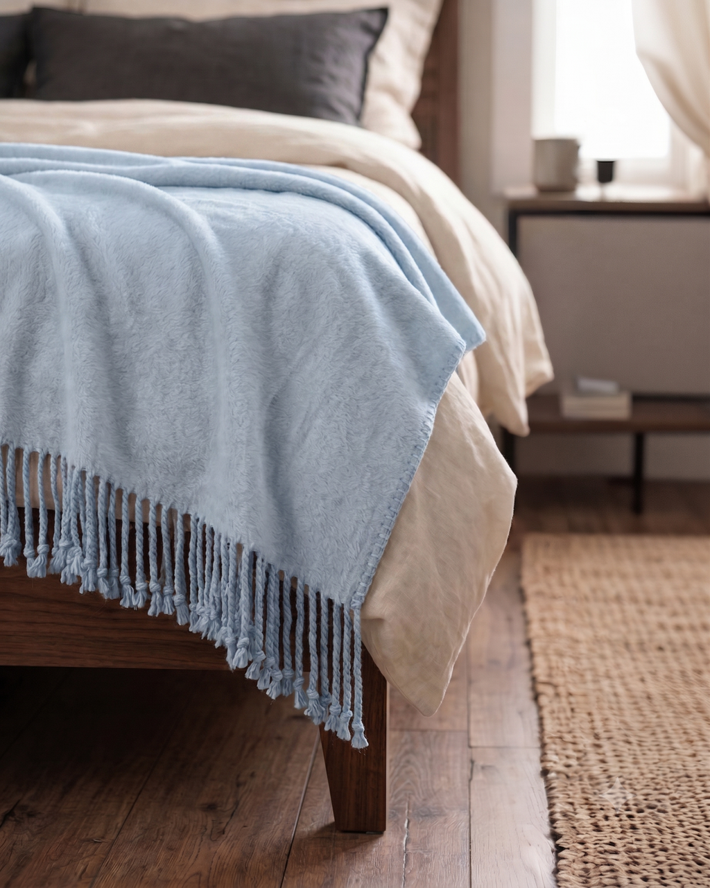 Jeté en soie de mûrier à franges Cascadia – Bleu poudré