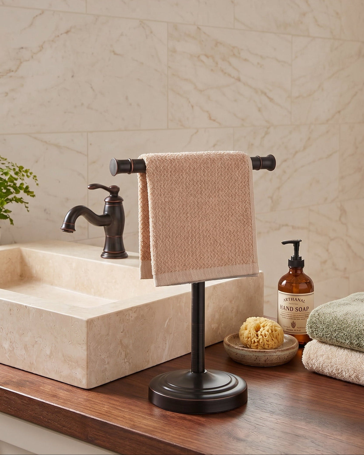 Support de serviettes autoportant Aurelia Classic en bronze huilé – Organisateur de comptoir en T pour salle de bain et cuisine