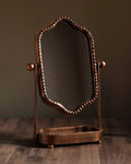 Miroir de courtoisie de table en bronze antique Evangeline avec plateau de rangement intégré