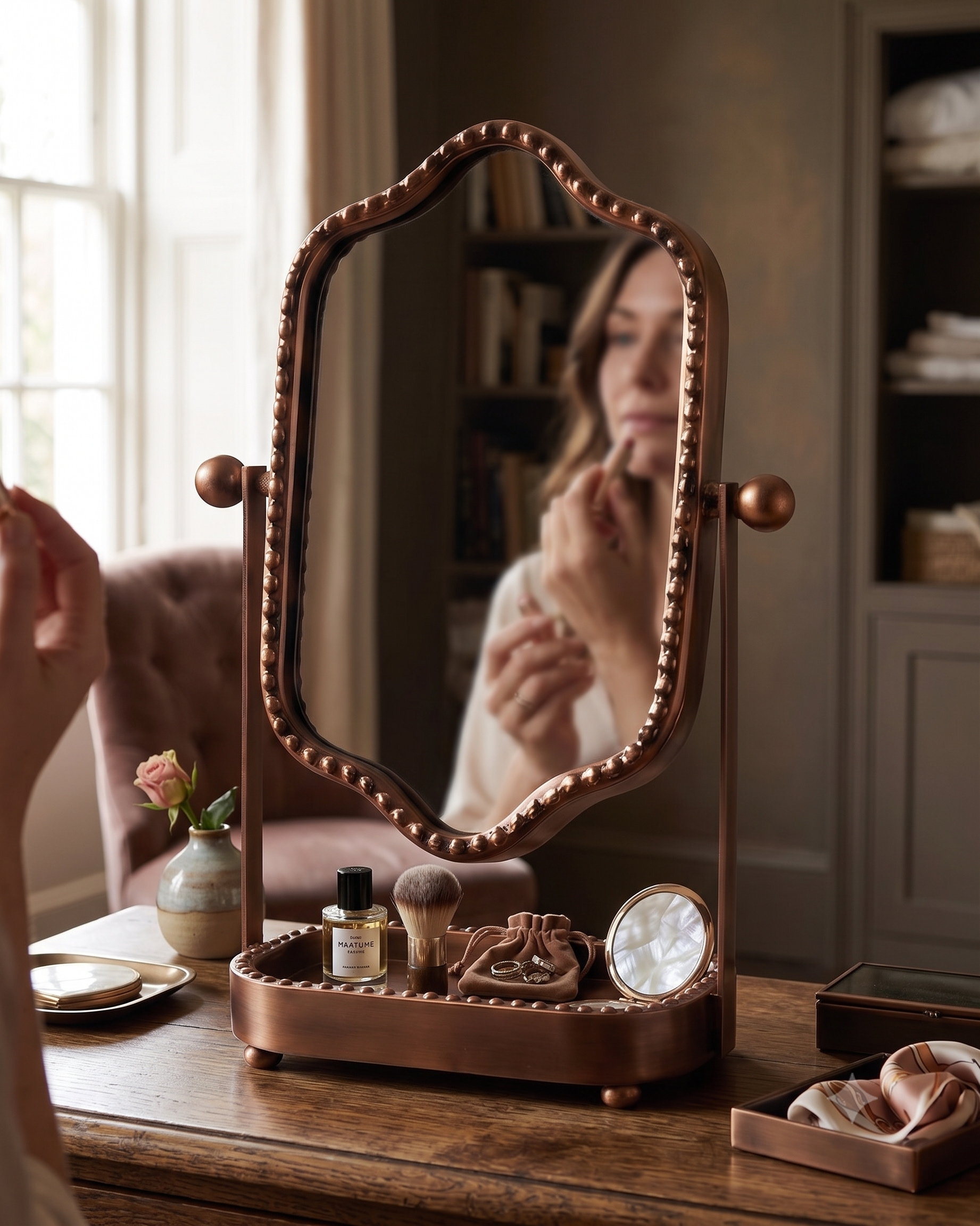 Miroir de courtoisie de table en bronze antique Evangeline avec plateau de rangement intégré