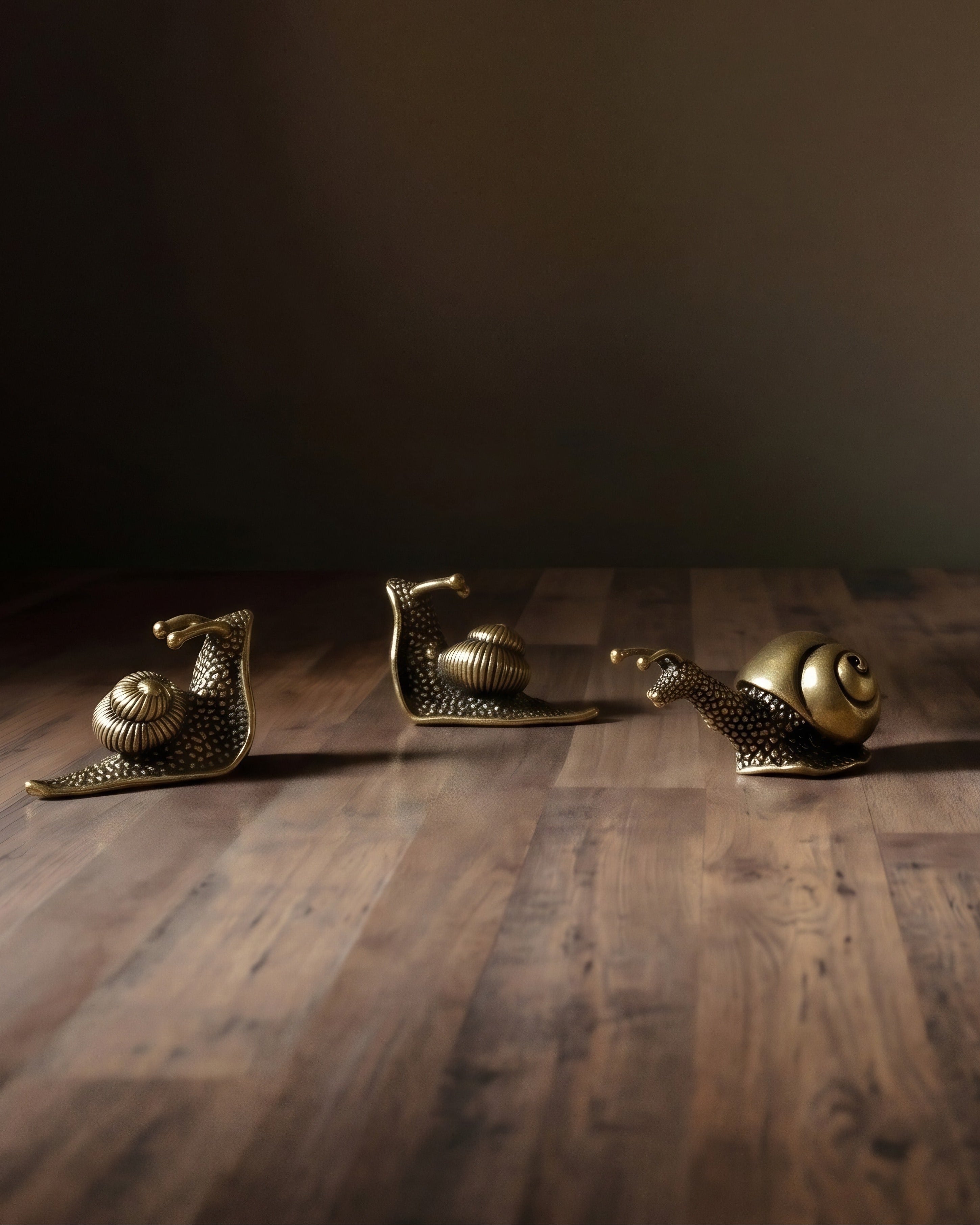Trio de figurines d'escargots en laiton vieilli artisanal