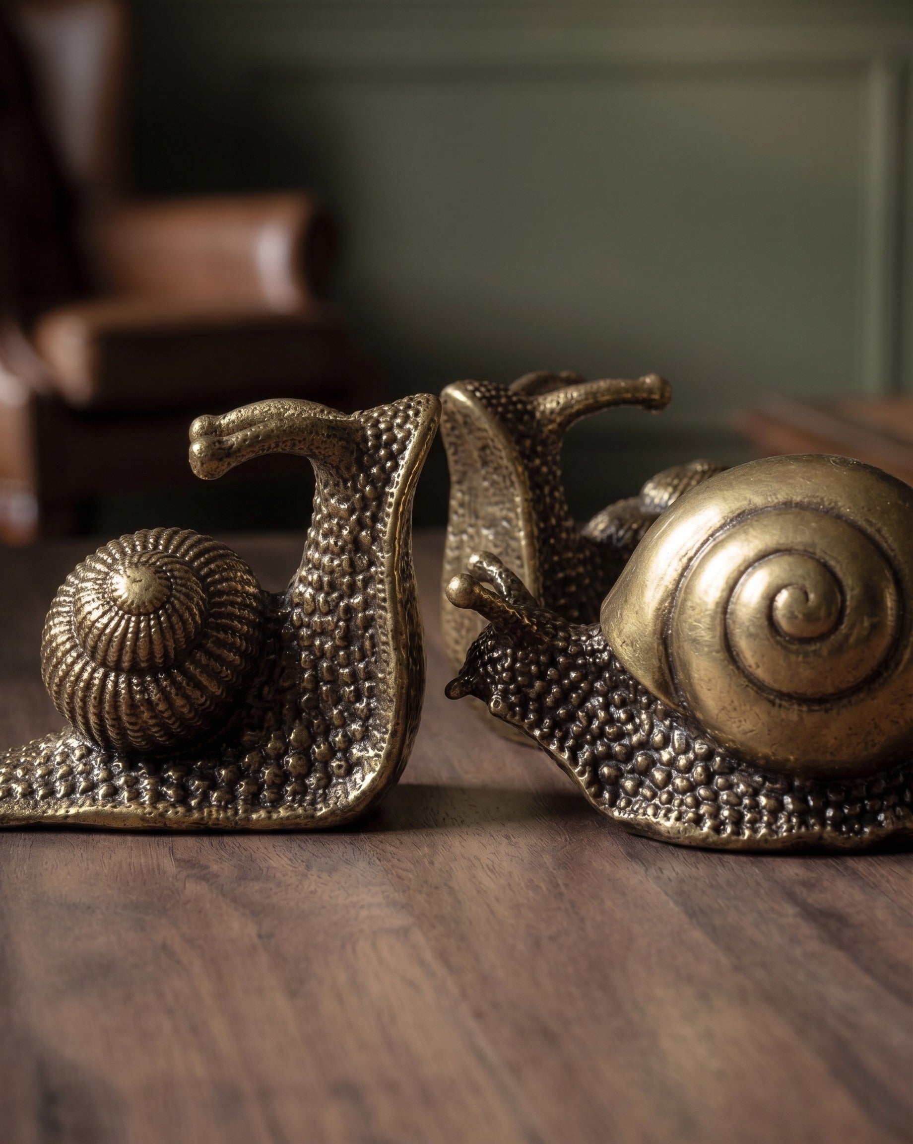 Trio de figurines d'escargots en laiton vieilli artisanal