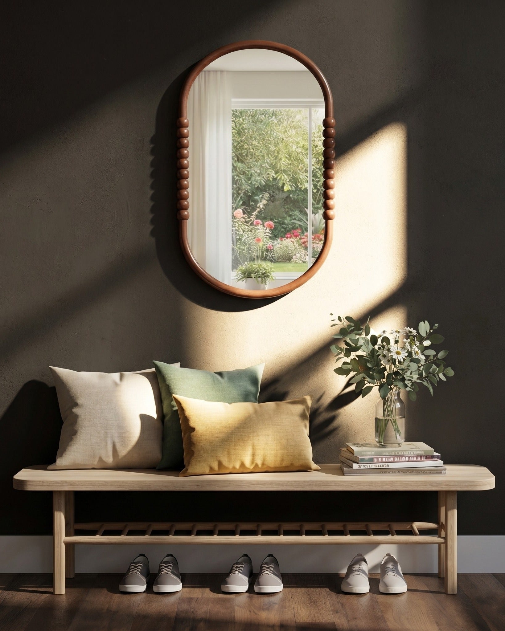 Le miroir perlé artisanal ovale Rowan en chêne naturel