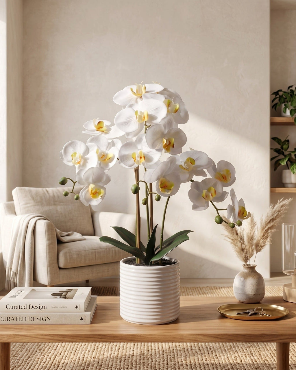 L'arrangement botanique d'orchidées – Élégantes tiges de phalaenopsis dans un vase en céramique cannelé