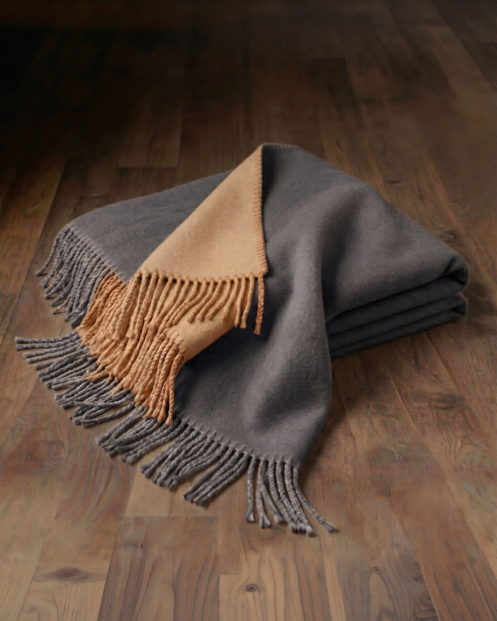 Le confort naturel : Plaid en soie de mûrier à franges - Anthracite/Chameau
