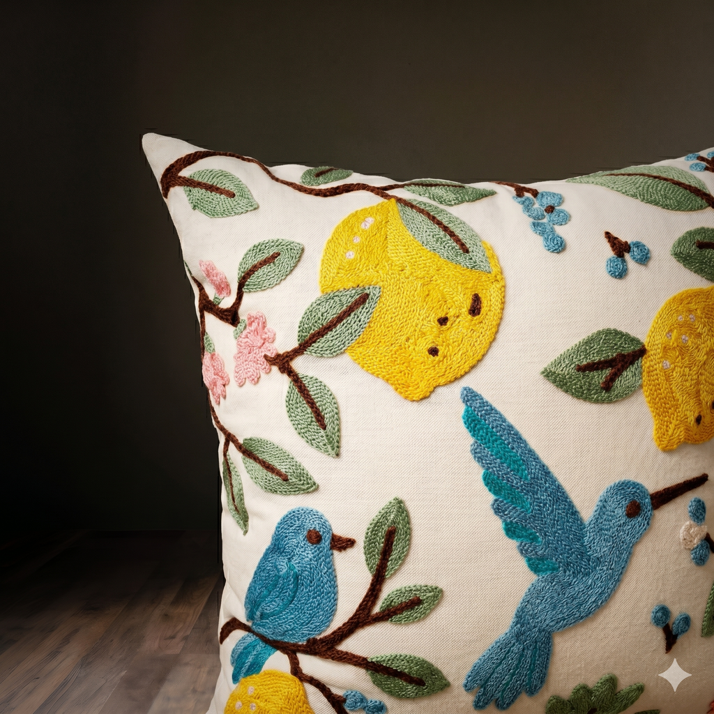 Le coussin d'appoint brodé main Citron et Passereau