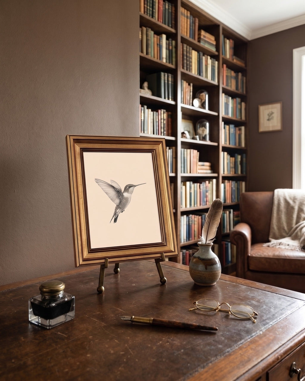 Illustration Colibri Vintage dans Cadre Doré Ancien