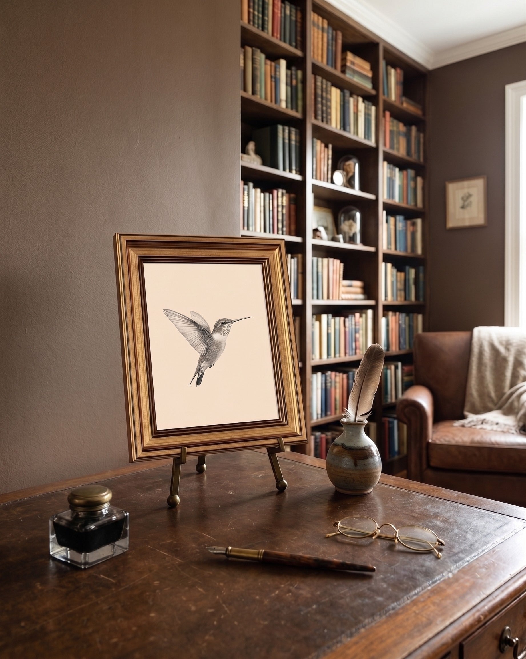 Illustration Colibri Vintage dans Cadre Doré Ancien